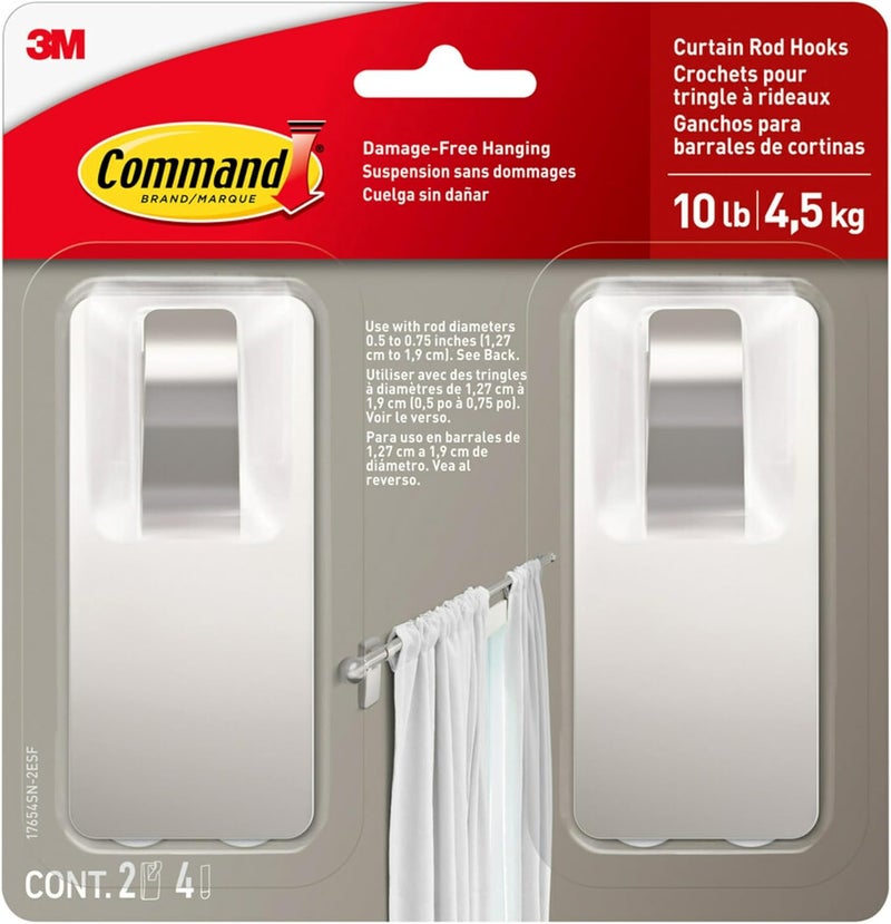 Command 10 lb Satin Nickel Curtain Rod Hooks, 2 Hooks and 4 Strips, No Drilling Christmas Decorations, Use with Rod Diameters 0.5-0.75" - Image 1